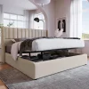 Redom Lit 160x200 cm avec coffre de rangement hydraulique et tête de lit tapissée en lin beige, design moderne