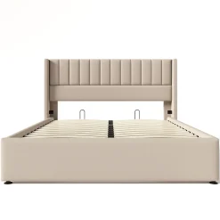 Redom Lit 160x200 cm avec coffre de rangement hydraulique et tête de lit tapissée en lin beige, design moderne