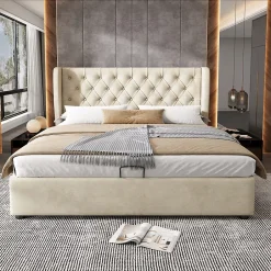 Redom Lit 140x200 cm avec coffre de rangement hydraulique et tête de lit capitonnée en velours beige Hot