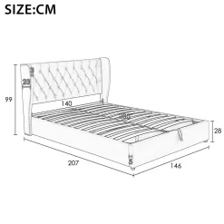 Redom Lit 140x200 cm avec coffre de rangement hydraulique et tête de lit capitonnée en velours beige Hot