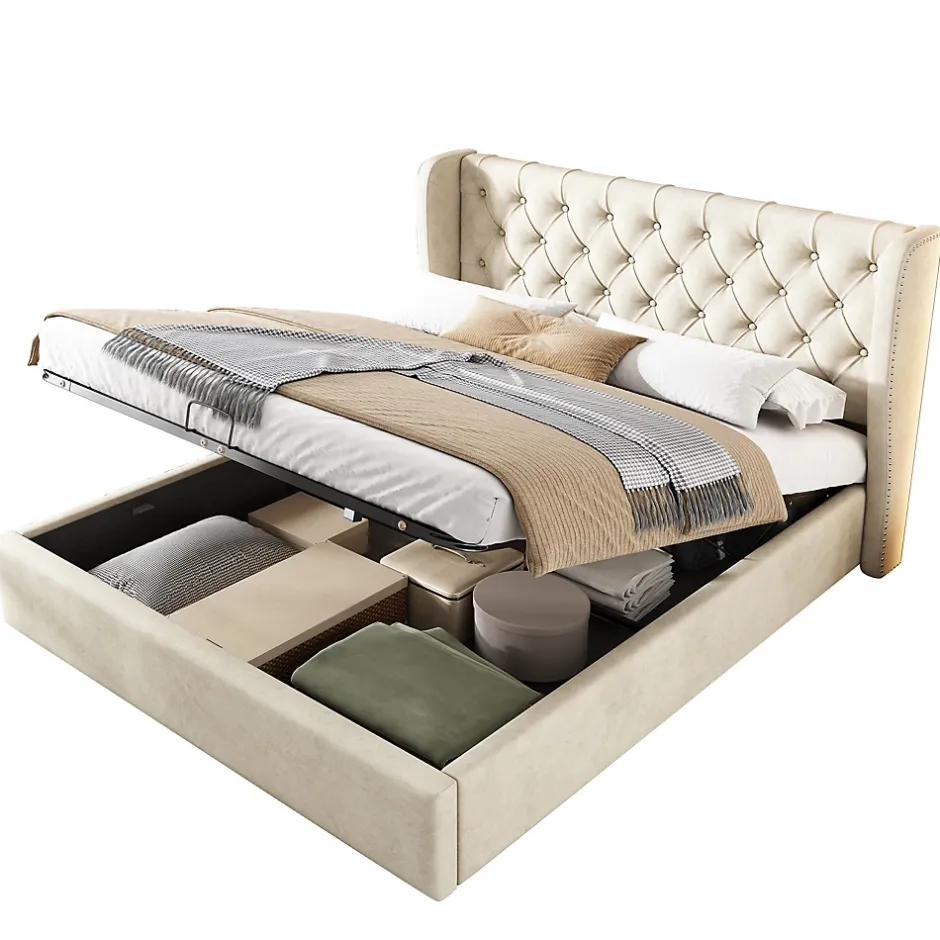 Redom Lit 140x200 cm avec coffre de rangement hydraulique et tête de lit capitonnée en velours beige Hot