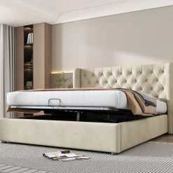 Redom Lit 140x200 cm avec coffre de rangement hydraulique et tête de lit capitonnée en velours beige Hot