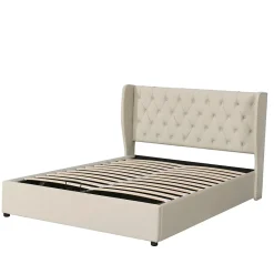 Redom Lit 140x200 cm avec coffre de rangement hydraulique et tête de lit capitonnée en velours beige Hot