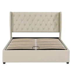 Redom Lit 140x200 cm avec coffre de rangement hydraulique et tête de lit capitonnée en velours beige Hot