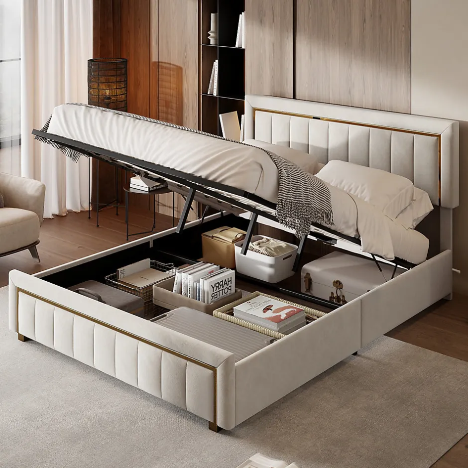 ProximaX Lit 140x200 cm avec coffre de rangement, tête de lit, sommier à lattes, velours beige, pour ados et adultes