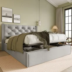 Redom Lit 160x200 cm avec coffre de rangement et tête rembourrée en coton gris clair, cadre bois massif Clearance