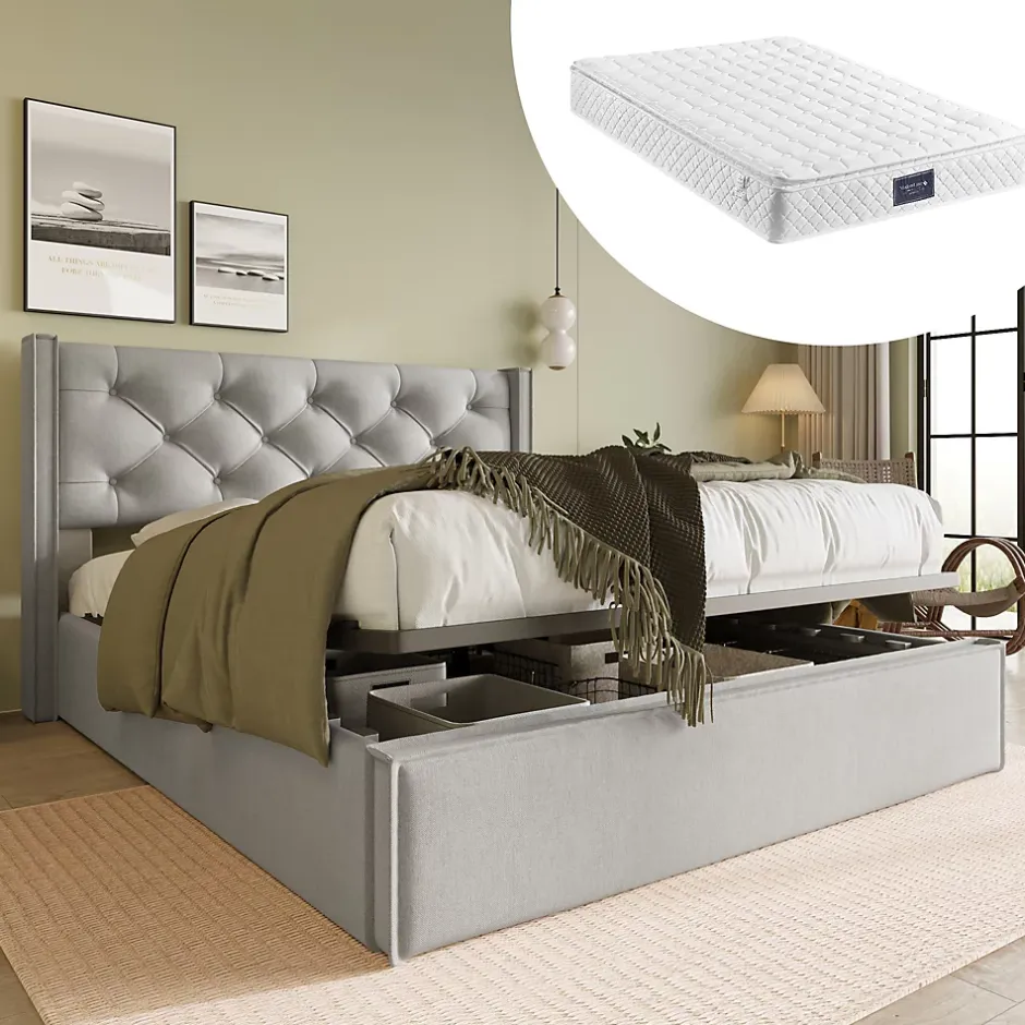 Redom Lit 160x200 cm avec coffre de rangement et tête rembourrée en coton gris clair, cadre bois massif Clearance