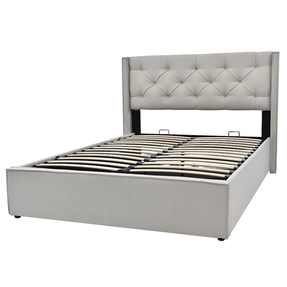 Redom Lit 160x200 cm avec coffre de rangement et tête rembourrée en coton gris clair, cadre bois massif Clearance