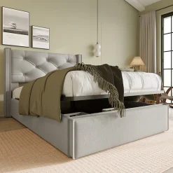 Redom Lit 90x200 cm avec coffre de rangement, tête de lit matelassée en coton gris clair et sommier à lattes