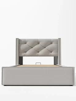 Redom Lit 90x200 cm avec coffre de rangement, tête de lit matelassée en coton gris clair et sommier à lattes