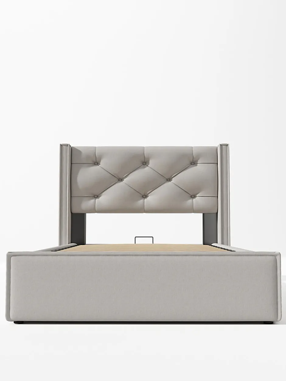 Redom Lit 90x200 cm avec coffre de rangement, tête de lit matelassée en coton gris clair et sommier à lattes
