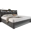 Redom Lit 180x200 cm avec coffre de rangement et sommier relevable, tête de lit tapissée lin gris et LED