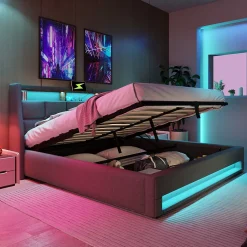 Redom Lit 180x200 cm avec coffre de rangement et sommier relevable, tête de lit tapissée lin gris et LED