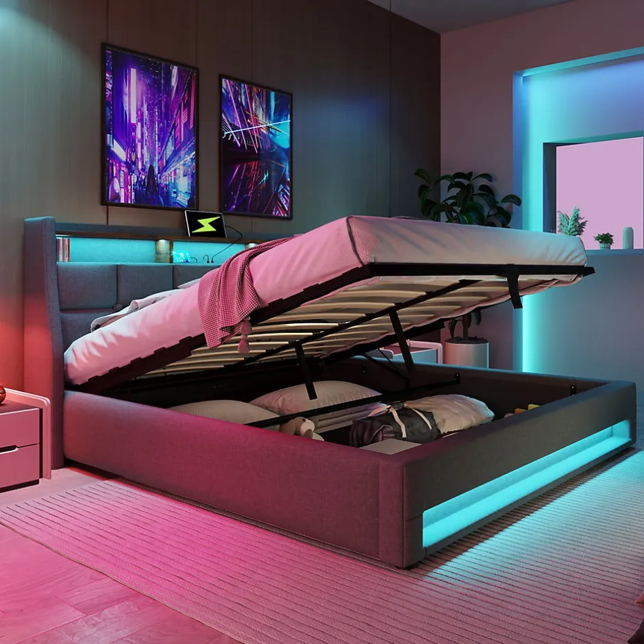 Redom Lit 180x200 cm avec coffre de rangement et sommier relevable, tête de lit tapissée lin gris et LED