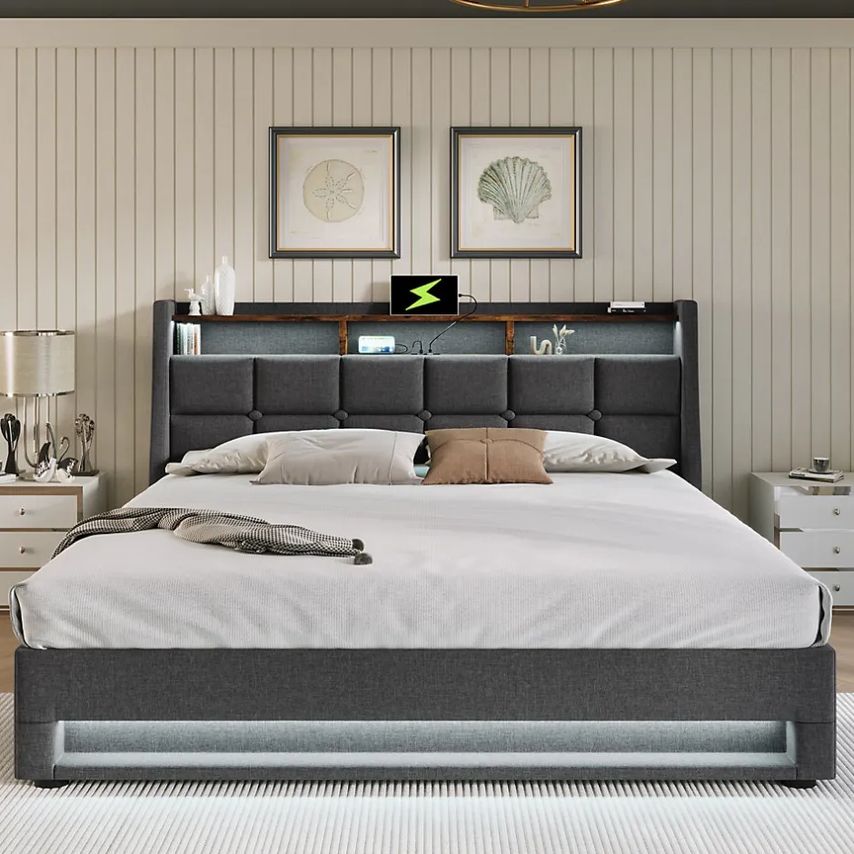 Redom Lit 180x200 cm avec coffre de rangement et sommier relevable, tête de lit tapissée lin gris et LED