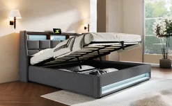 Redom Lit 180x200 cm avec coffre de rangement et sommier relevable, tête de lit tapissée lin gris et LED