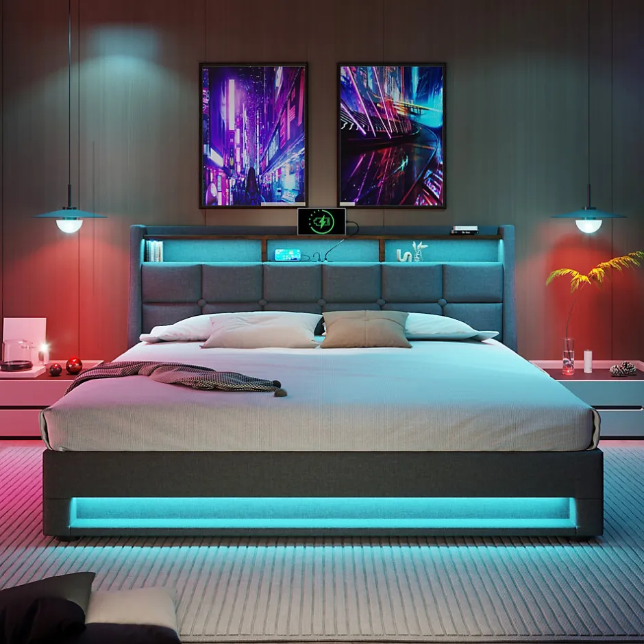 Redom Lit 180x200 cm avec coffre de rangement et sommier relevable, tête de lit tapissée lin gris et LED