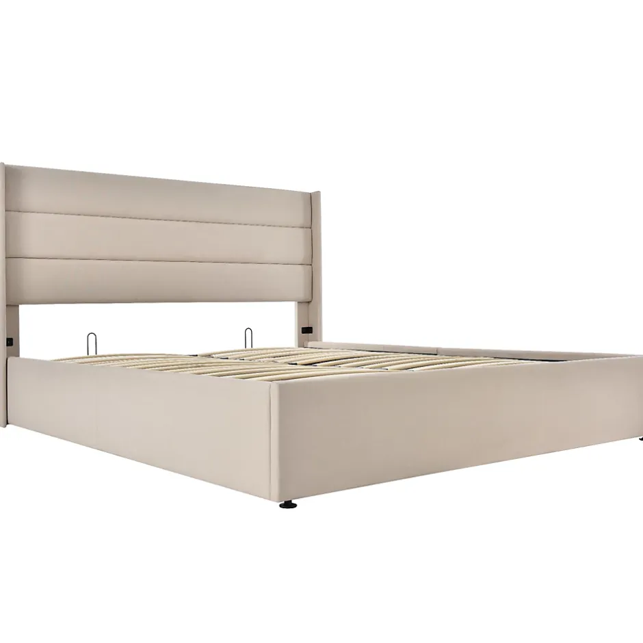 Redom Lit 140x200 cm avec coffre de rangement hydraulique et tête de lit capitonnée en lin beige, design moderne Online