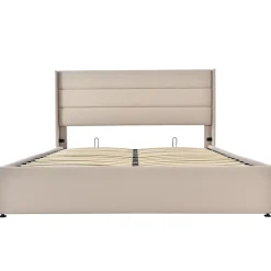 Redom Lit 140x200 cm avec coffre de rangement hydraulique et tête de lit capitonnée en lin beige, design moderne Online