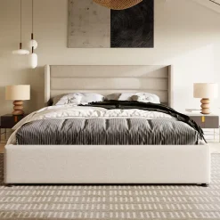 Redom Lit 140x200 cm avec coffre de rangement hydraulique et tête de lit capitonnée en lin beige, design moderne Online