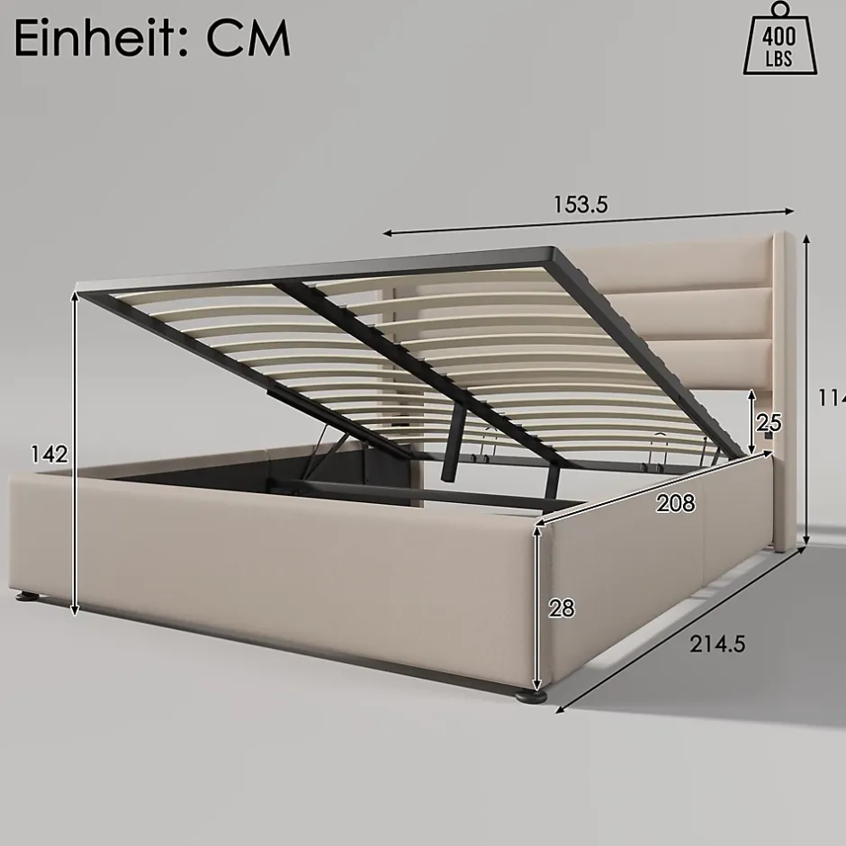 Redom Lit 140x200 cm avec coffre de rangement hydraulique et tête de lit capitonnée en lin beige, design moderne Online