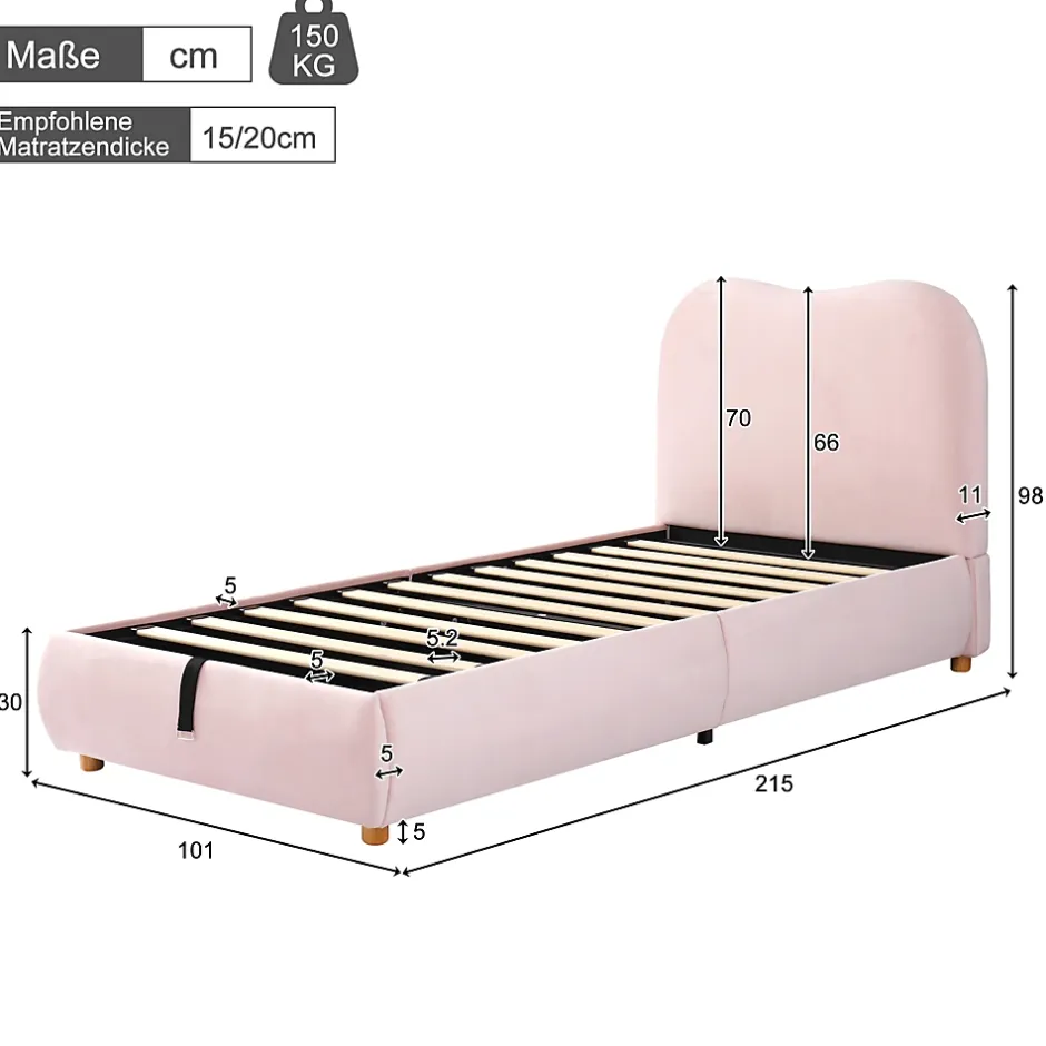 Redom Lit 90x200 cm avec coffre de rangement, tête de lit matelassée 11 cm en velours rose, cadre sécurisé enfant New