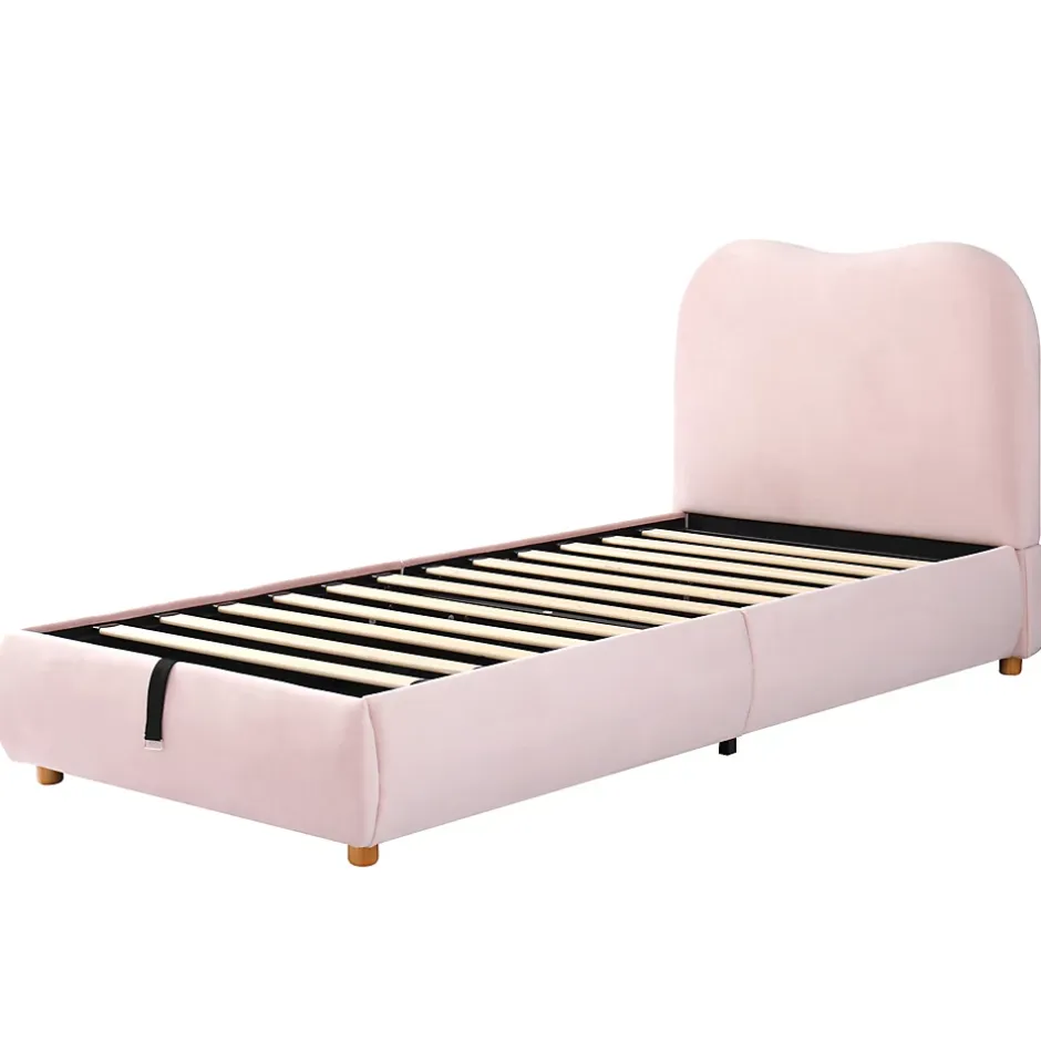 Redom Lit 90x200 cm avec coffre de rangement, tête de lit matelassée 11 cm en velours rose, cadre sécurisé enfant New