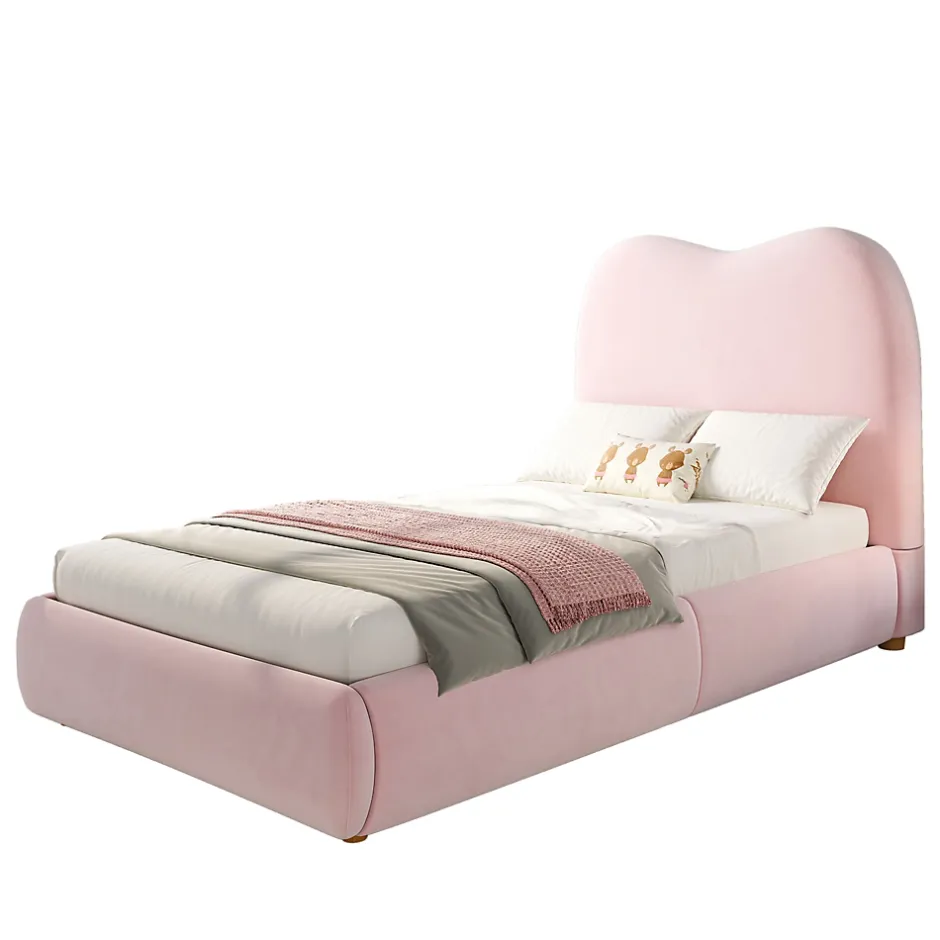 Redom Lit 90x200 cm avec coffre de rangement, tête de lit matelassée 11 cm en velours rose, cadre sécurisé enfant New