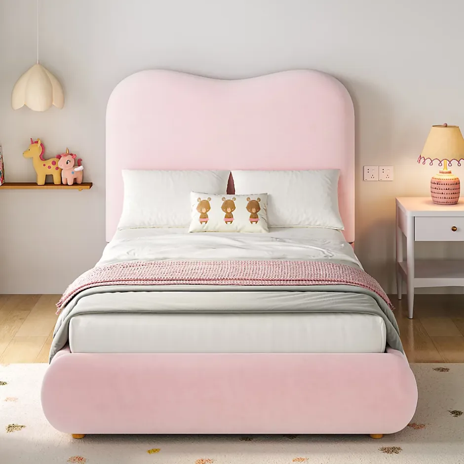 Redom Lit 90x200 cm avec coffre de rangement, tête de lit matelassée 11 cm en velours rose, cadre sécurisé enfant New