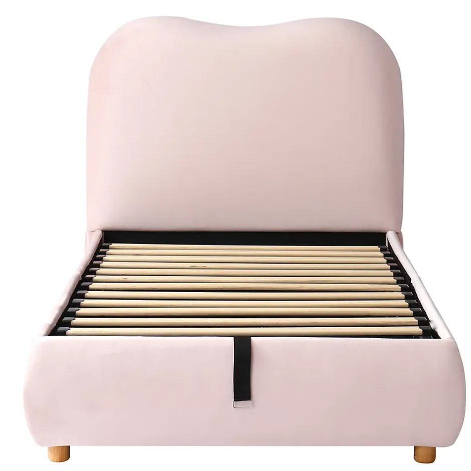 Redom Lit 90x200 cm avec coffre de rangement, tête de lit matelassée 11 cm en velours rose, cadre sécurisé enfant New