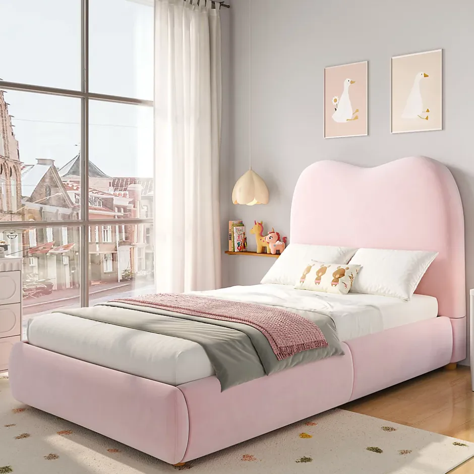 Redom Lit 90x200 cm avec coffre de rangement, tête de lit matelassée 11 cm en velours rose, cadre sécurisé enfant New