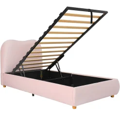 Redom Lit 90x200 cm avec coffre de rangement, tête de lit matelassée 11 cm en velours rose, cadre sécurisé enfant New