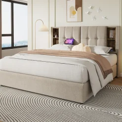 Redom Lit 180x200 cm avec coffre et sommier relevable, tête de lit à niches tapissée lin naturel, style moderne