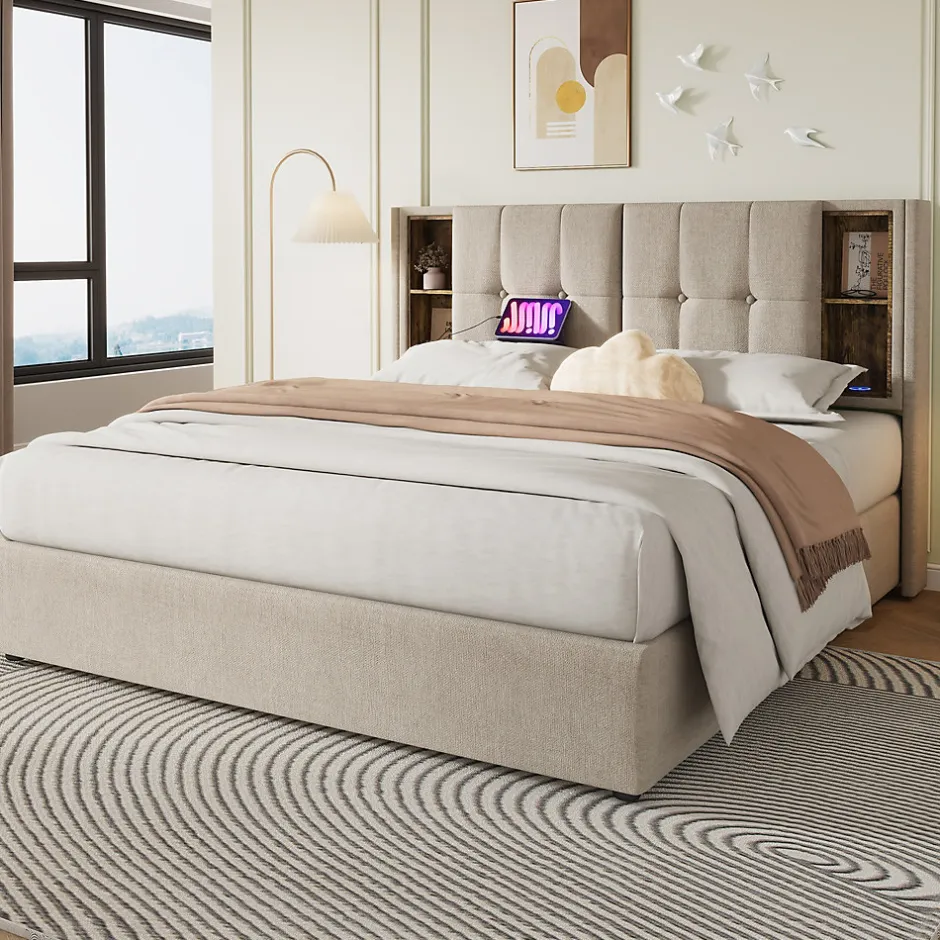 Redom Lit 180x200 cm avec coffre et sommier relevable, tête de lit à niches tapissée lin naturel, style moderne