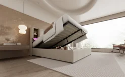 Redom Lit 180x200 cm avec coffre et sommier relevable, tête de lit à niches tapissée lin naturel, style moderne