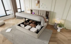 Redom Lit 180x200 cm avec coffre et sommier relevable, tête de lit à niches tapissée lin naturel, style moderne