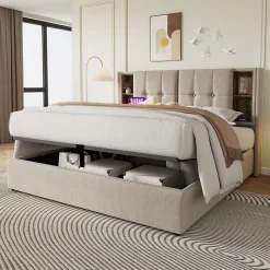 Redom Lit 180x200 cm avec coffre et sommier relevable, tête de lit à niches tapissée lin naturel, style moderne