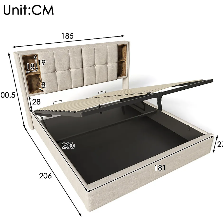 Redom Lit 180x200 cm avec coffre et sommier relevable, tête de lit à niches tapissée lin naturel, style moderne