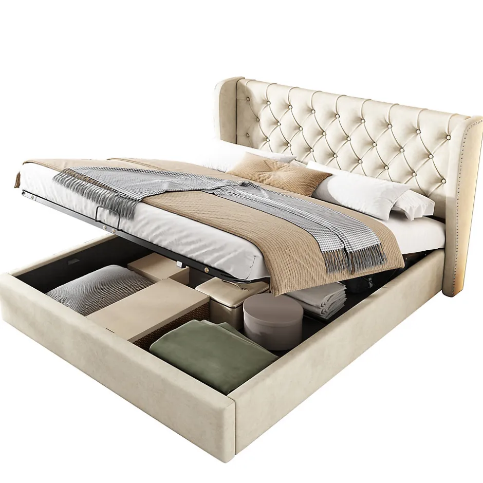 Redom Lit 160x200 cm avec coffre et tête de lit haute capitonnée style Chesterfield en velours beige, cadre solide