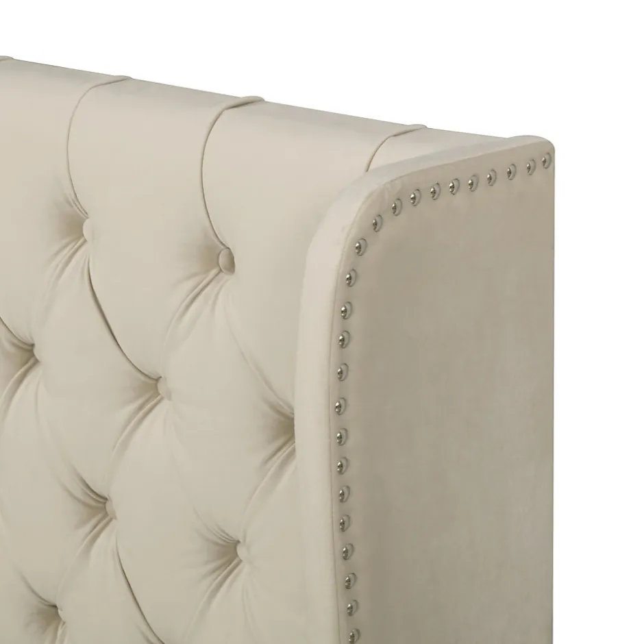 Redom Lit 160x200 cm avec coffre et tête de lit haute capitonnée style Chesterfield en velours beige, cadre solide