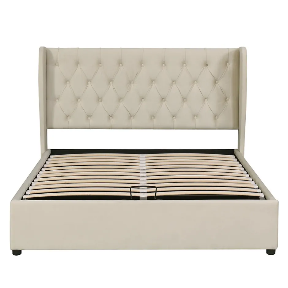 Redom Lit 160x200 cm avec coffre et tête de lit haute capitonnée style Chesterfield en velours beige, cadre solide