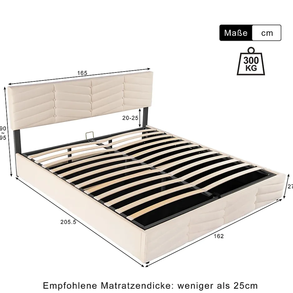Redom Lit 160x200 cm avec coffre hydraulique et tête de lit réglable, tapissé velours beige, design contemporain Hot