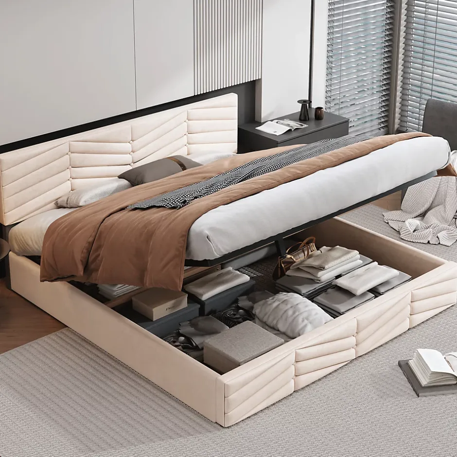 Redom Lit 160x200 cm avec coffre hydraulique et tête de lit réglable, tapissé velours beige, design contemporain Hot
