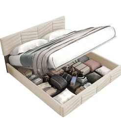 Redom Lit 160x200 cm avec coffre hydraulique et tête de lit réglable, tapissé velours beige, design contemporain Hot