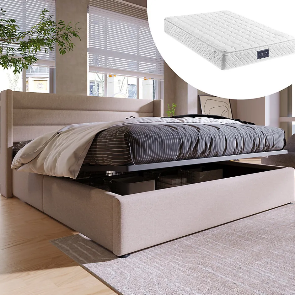 Redom Lit 160x200 cm avec coffre hydraulique et tête de lit rembourrée en lin beige, design moderne