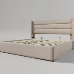 Redom Lit 160x200 cm avec coffre hydraulique et tête de lit rembourrée en lin beige, design moderne