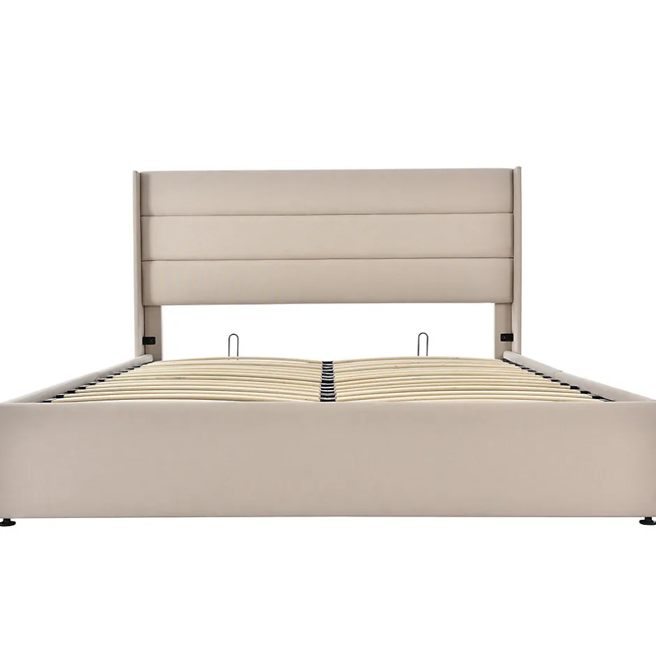 Redom Lit 160x200 cm avec coffre hydraulique et tête de lit rembourrée en lin beige, design moderne