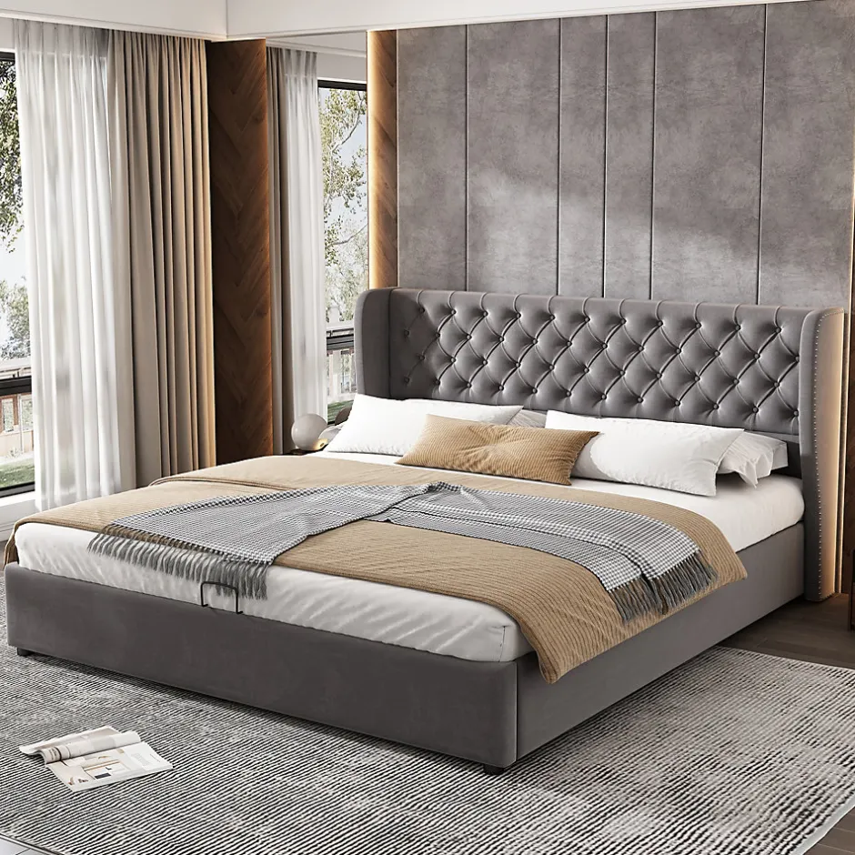 Redom Lit 160x200 cm avec coffre hydraulique et tête de lit capitonnée en velours gris