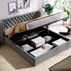 Redom Lit 160x200 cm avec coffre hydraulique et tête de lit capitonnée en velours gris