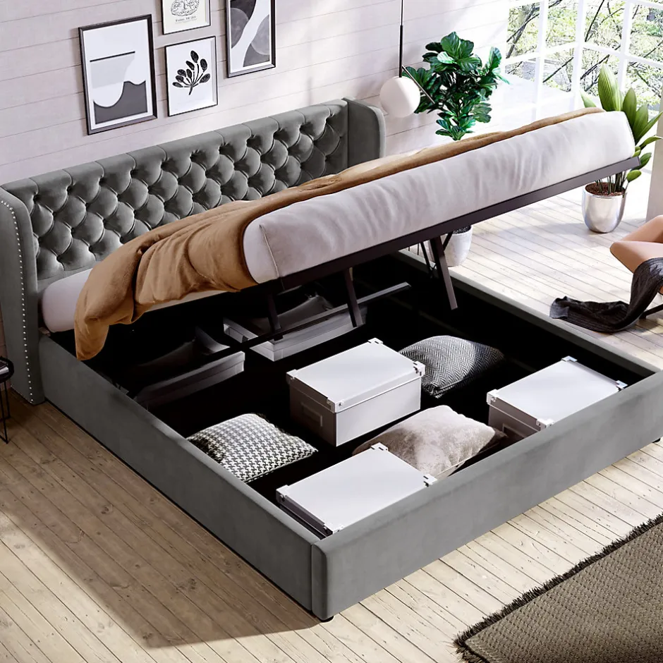 Redom Lit 160x200 cm avec coffre hydraulique et tête de lit capitonnée en velours gris